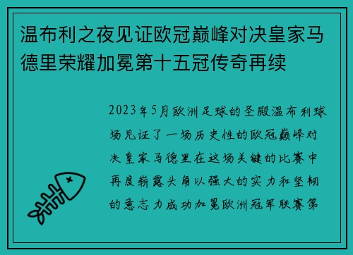 温布利之夜见证欧冠巅峰对决皇家马德里荣耀加冕第十五冠传奇再续